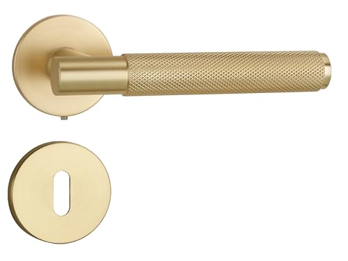 QRS - SORIA Türgriffe Innentüren - Türklinken Innen - aus Aluminium, für Tür 38-45 mm, Türdrückergarnitur, Drückergarnitur Zimmertür, Türbeschlag, Türdrücker - mit Rosette Rund BB, Gold Matt
