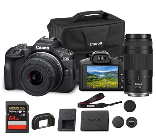 Image of Canon EOS R100 Mirrorless Camera Double Lens Kit with RF-S 18-45mm and RF 75-300mm Lenses | Compact 24.2MP APS-C Camera with 4K Video, Dual Pixel Autofocus with Bag and 64GB Card