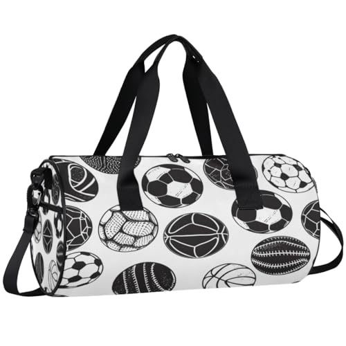 Balls Round Barrel Sports Fitness Bag, Black White Travel Luggage Bag, Reusable Handbag, Suitable For Men and Women