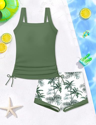 Image of Girls Swimsuit Two Piece Bathing Suit Ruffle Trim Swimsuits for Girls Tankini with Drawstring Shorts Swimwear 9-18Y