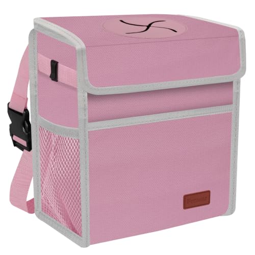 Image of Femuar Leak Proof Car Trash Can with Lid, Collapsible Hanging Waterproof Car Trash Bag with Mesh Pocket for SUV Front Seat Headrest, Large /Light Pink
