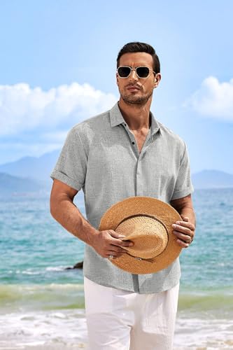 Image of COOFANDY Men's Linen Shirts Short Sleeve Casual Shirts Button Down Shirt for Men Beach Summer Wedding Shirt
