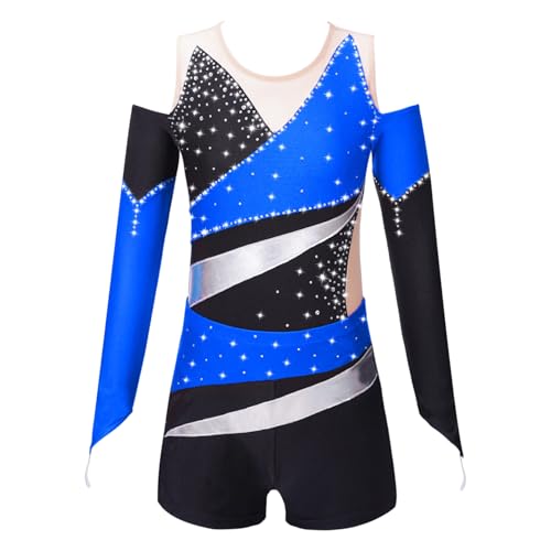 Loyan Kids Girls Rhinestone Long Sleeve Dance Outfits Set 2 Piece Gymnastic Leotard and Athletic Short Dancewear