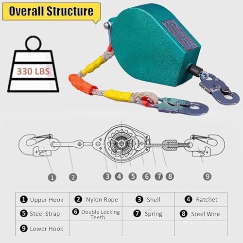 Double Brake System Fall Arrester with Self-Locking Hook, Safety Anti-Fall Gear for Rescue, Climbing, Rock Wall, Roofing - 5m (16.4ft) Length
