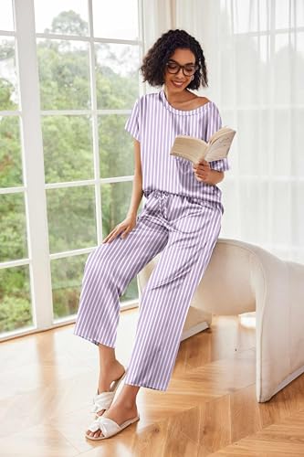 Image of Ekouaer Womens Satin Silky Pajama Set Short Sleeve Shirt with Long Pajama Pant Set Soft PJ Loungewear