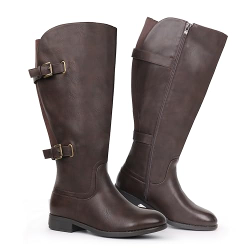 Chicblooms Botas clásicas de caña ancha con tacón plano y doble hebilla trasera elásticas para...