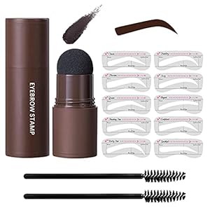 Eye-Brow Stamp Stencil Kit, Waterproof Brow Stamp Shaping Kit Eye Brow Definer & Filling Powder, Women Makeup Tools with 10 Reusable Eyebrow Stencils, 2 Brushes (Dark Brown)