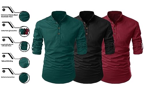 Image of FINIVO FASHION Combo of Men's Cotton Blend Solid Regular Fit Full Sleeve Straight Short Kurta Shirt, Casual and Formal Wear