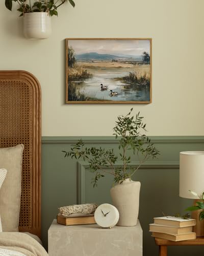 Image of ARPEOTCY Vintage Framed Canvas Wall Art, 12x16inch, Farmhouse Mallard Duck Pond Wall Decor, Country Art Prints Home Decorations, Landscape Paintings for Living Room Bedroom Shelf Decor