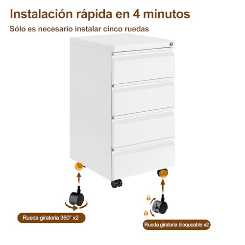 HOMSTEEL Cajonera móvil, Archivador Metálico con Cerradura, 4 Llaves, 4 Cajones, Premontado, para Oficina, Oficina en Casa, Blanco - imagen 7