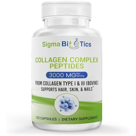 Sigma Biotics Collagen Peptides - Hydrolyzed Collagen Capsules for Hair, Skin, Nails, and Joint Support - High-Strength Collagen Supplements with Type I & III - 3000 mg per Serving - 120 Pills Cover