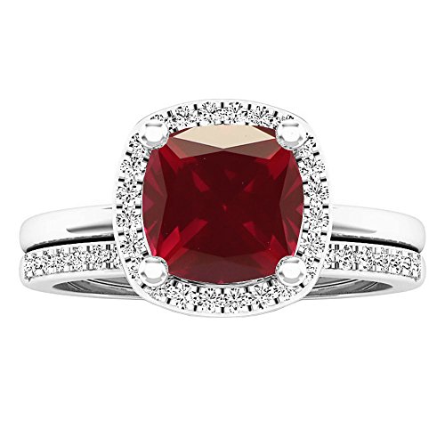 Dazzlingrock Collection 10K 7 MM Cushion Lab Created Gemstone & Round Diamond Ladies Engagement Ring Set, White Gold2
