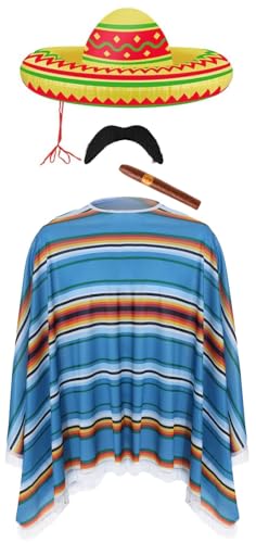 FNA FASHIONS® Costume de fête mexicaine – Poncho, ombrero gonflable, cigare et moustache – Taille unique (ensemble poncho)