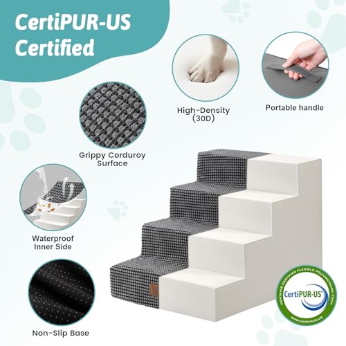 Image of COZY KISS Dog Stairs for Small Dogs 15.7 inch H, 4-Step Gentle Incline Pet Step for Couch Sofa, Non-Slip Dog Ramp for Puppy Doggie Senior Cats, 15.7x23.6x15.7 Inch, Charcoal Grey
