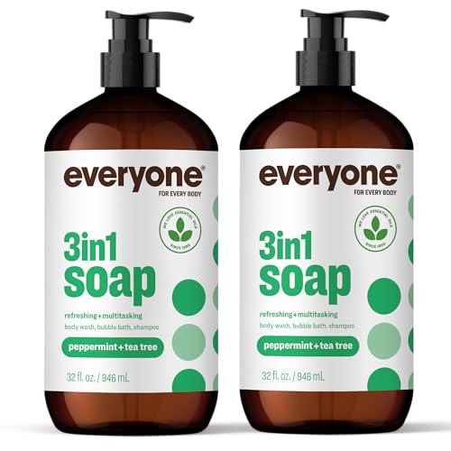 Image of Everyone 3-in-1 Soap, Body Wash, Bubble Bath, Shampoo, 32 Ounce (Pack of 2), Peppermint Tea Tree, made with Essential Oils for Men and Women | Body wash | shampoo | bubble bath in one | peppermint tea tree | plant-based | men and women | bulk 2-pack value
