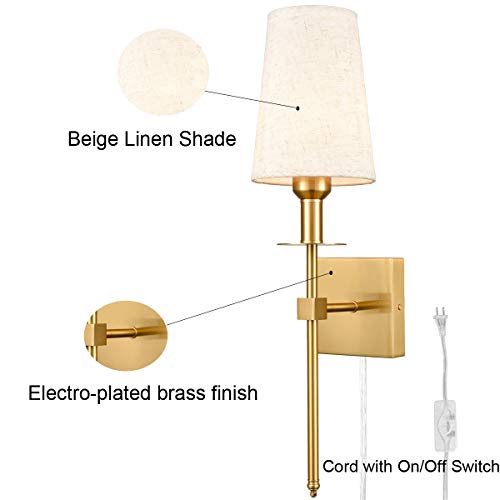 Teenyo Gold Wall Sconces Set Of Two Plug In Sconces Wall Lighting With Fabric Shade Modern Bathroom Wall Light Fixture For Bedroom Hallway Kitchen #TOP4
