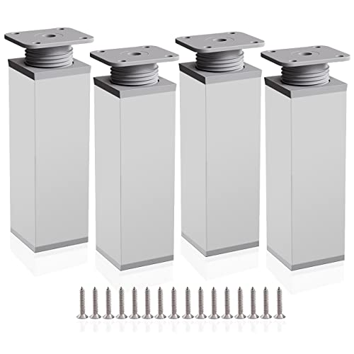 Rusoz 4 Piezas Patas para Muebles Regulables,Patas Mesa 150 mm Alto Plata Mate Patas Somier Aluminio Cuadrado Altura Ajustable 0-20 mm con Tornillos para Sofás & Armarios