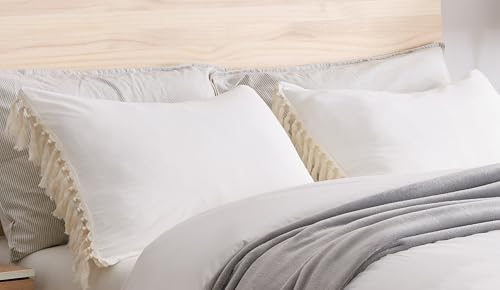 Image of Bohemian Boho Chic Ivory Macrame Tassel 3 pc. Full /Queen Size Bed Bedding Duvet Comforter Cover and Sham Set Solid Cream Off White Cotton Fringe Textured Tufted Luxury Minimalist Farmhouse Indie