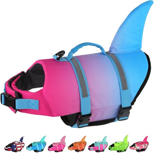 Dogcheer Dog Life Jacket, Cute Shark Dog Life Vest for Swimming Boating with Superior Buoyancy and Rescue Handle, Adjustable Puppy Swim Vest for Small Medium Large Dogs - Gradient Red Blue, S