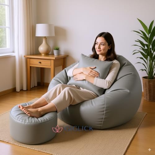 Image of 4XL Bean Bag Chair with Footrest & Cushion | Pre-Filled Beans | PVC Leatherette Lounger Sofa | Indoor & Outdoor Bean Bag with Pocket & Handle | Double Stitching | 6 Months Warranty Color- (Grey)
