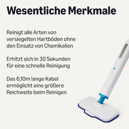 Amazon Basics Steam Mop with 3 Wipes Washable All Hard Floors 30.5 x 14 x 0.5 cm Blue