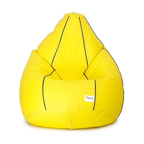Image of Sattva Classic XL Bean Bag Filled with Beans | Premium Leatherette Bean Bag for Adults & Kids | Comfortable Seating for Bedroom, Lounge, Study Room & Living Room - Yellow with Navy Blue Piping