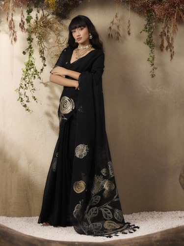 Image of AKHILAM Women's Kanjivaram Pure Silk Floral Printed Saree With Unstitched Blouse Piece