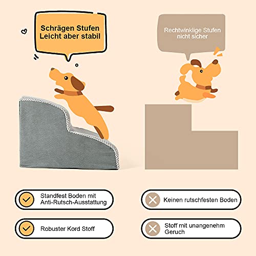 A.FATI Hundetreppe für Kleine Hunde | 2 Stufen Hunderampe aus hochdichtem Schaumstoff für Couch|Sofa, rutschfeste Haustiertreppe 30cm Hoch - mit Hundespielzeug Seil (grau)