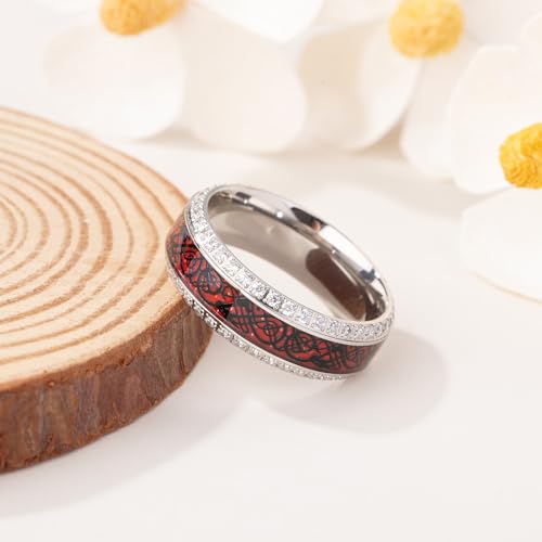 Mens Wedding Band with Celtic Dragon 8mm, Lightweight Titanium Ring with Red Carbon Fiber and White CZ, Dome Style, Comfort Fit Inner, Customizable, Gift for Birthday Anniversary, Size 7-124