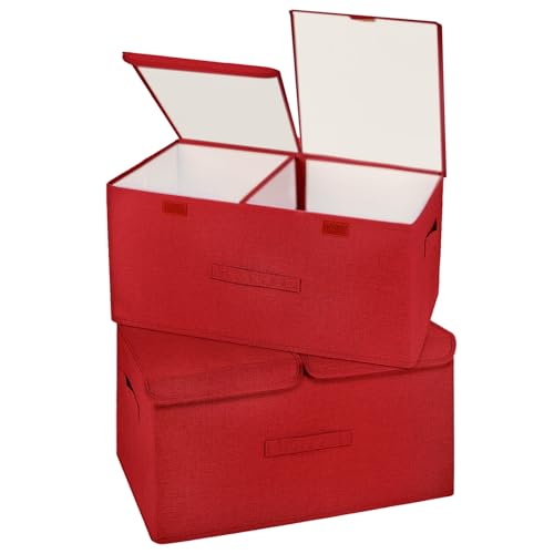 Image of 2 Pack Storage Boxes with Lids and Handles, Collapsible Linen Storage Bins Organizer Containers Baskets Cube with Removable Divider for Home Bedroom Closet Office (Red, Large)