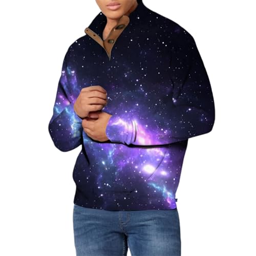 Sudadera con botones para hombre, con estampado de trébol, de manga larga, con estampado de trébol, con solapa, Negro, S