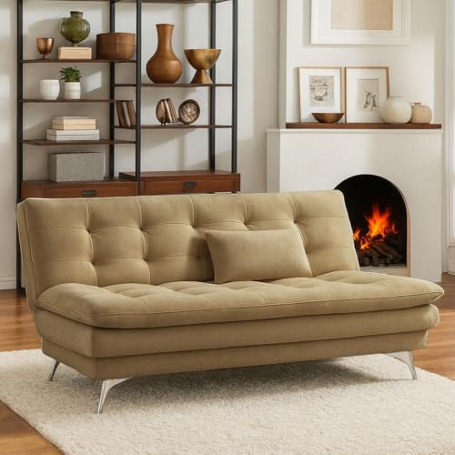 Image of FURNY Eagel 3 Seater Fabric Sofa Cum Bed with 2 Cushions (Camel) with Velvet Fabric | Durable with Comfort | Perfect for Living Room, Bedrooms, Offices