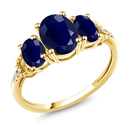 Gem Stone King 2.94 Cttw 10K Yellow Gold Blue Sapphire and Diamond 3-Stone Engagement Ring | Gemstone Birthstone | 3 Stone Wedding Anniversary Promise Ring For Women