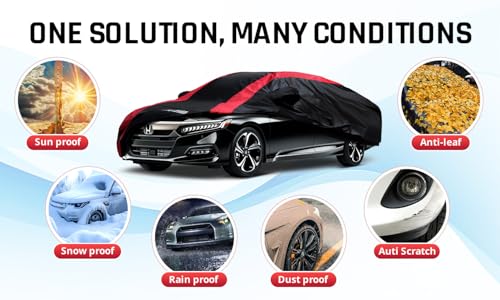 Image of Honda Accord Car Cover Waterproof All Weather with Red Strip Design, Custom Fit for Honda Accord 1998-2025, Accord Accessory with Door Zipper & Windproof Straps