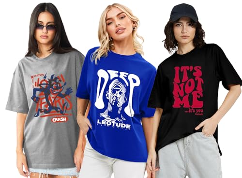 Image of LEOTUDE Women Cottonblend Oversized Baggy Fit Half Sleeve Round Neck Multicolor Combo T-Shirt for Women & Girls (Pack of 3)
