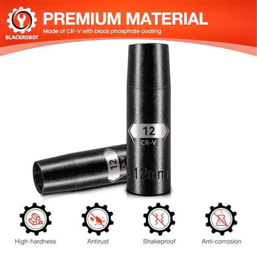 Image of BLACKROBOT 1 /2 Inch Drive 6-Point Deep Socket, 12mm Deep Impact Socket, CR-V Steel