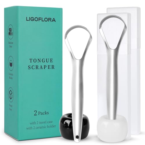 LIGOFLORA Tongue Scraper for Adults with 2 Ceramic Holder and 2 Travel Case – 2 Pack Stainless Steel Tongue Scraper for Tongue Cleaning and Reducing Bad Breath, Tongue Cleaner