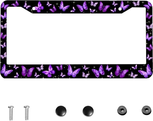 Purple Butterfly License Plate Frames - Beautiful Butterfly License Plate Frame Holder Funny Aluminum Cars Decor with 2 Holes and Screws Fits Standard Us Canada Vehicles 12.3 X 6.3in Men/Women