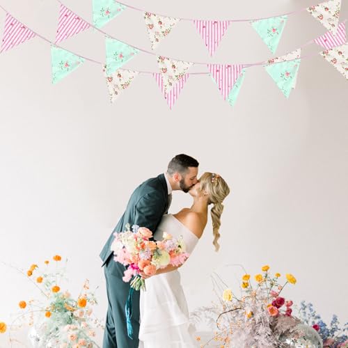 Image of Zwiebeco 32Ft Pink Blue Floral Fabric Pennant Banner Bunting Cotton Flower Triangle Flag Decoration for Birthday Wedding Engagement Bridal Baby Shower Tea Party Spring Rustic Village Home Garden Decor