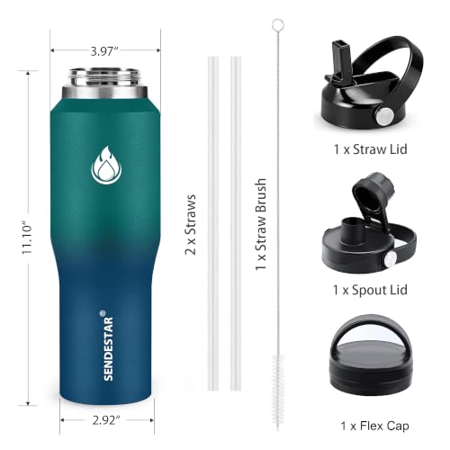 Image of SENDESTAR 40oz Water Bottle Wide Mouth Stainless Steel Vacuum Insulated Double Wall with Straw Lids Fit in Any Car Cup Holder