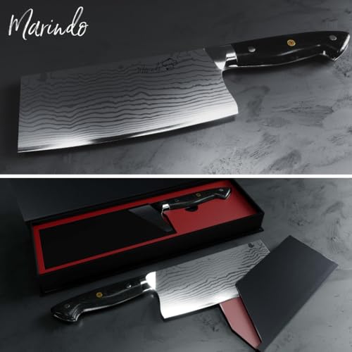 Foto von Marindo Chinesisches Kochmesser Edelstahl | 18cm Klingenlänge | Küchenbeil mit dreifach genietetem Holzgriff | Hackmesser chinesisch | Fleischmesser extrem scharf | Inkl. Geschenkbox
