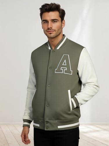 Image of CHKOKKO Men's Regular Varsity Jacket with Snap Button Closure and Patch Design Trendy Comfortable Outerwear for College Travel and Casual Wear