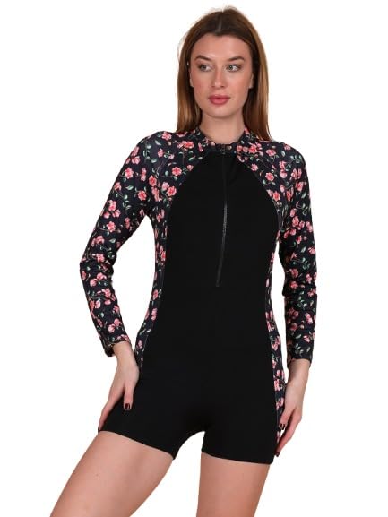 Women's Zipper Rash Guard – Full Sleeve Sun Protection Boyleg One-Piece Sport Swimsuit, Padded, Royal Print & Blue