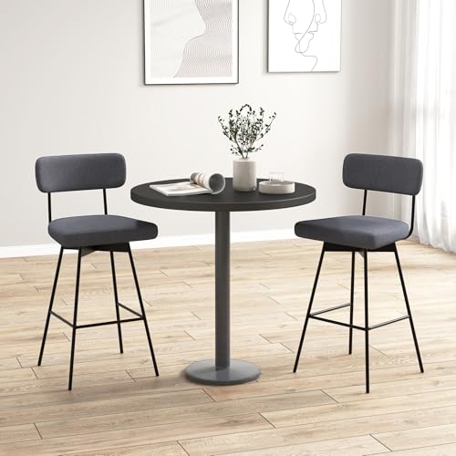 Juego de 2 butacos de bar COSTWAY, sillas altas tapizadas con respaldo, giratorias 360° con patas metálicas reforzadas y reposapiés, asiento de tela para isla de cocina, comedor o bar (gris) miniatura 2