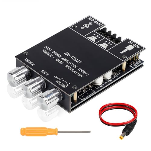 Cozychord ZK-1002T Bluetooth 5.0 Stereo Amplifier Board, 200W HiFi 2.0 Channel Mini Audio Amp Module with Treble & Bass Control, AUX Input, DC 12V-24V for DIY Speakers,Home Audio