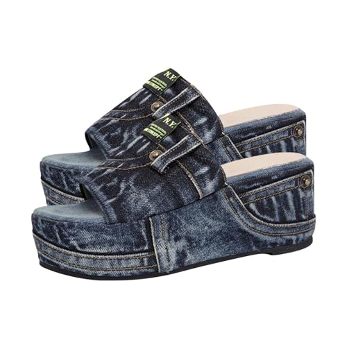 Sandales compensées en denim avec talons hauts stables et bout ouvert été