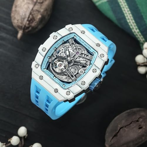 Image of TSAR BOMBA Men's Automatic Watch Tonneau Luxury Skeleton Watches for Men Mechanical 50M Waterproof Analogue Watches Mens Unique Cool Square Big Face Dial Wristwatch with Silicone Strap Band