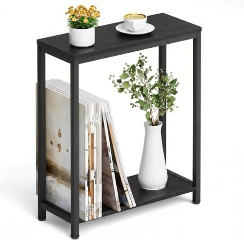 Image of MISSLO Narrow Small Side Table for Living Room, 2 Tier End Table for Small Space, Slim Coffee Table for Sofa, Couch, Beside, Bedroom, Rustic Black