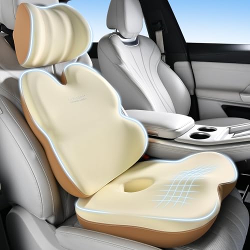 Image of Coverado Truck Seat Cushion and Lumbar Support Headrest Pillow Memory Foam Ergonomic Car Cushion Back Neck Support Pillow Sciatica & Back & Tailbone Pain Relief Car Cushions for Driving Coffee&Beige