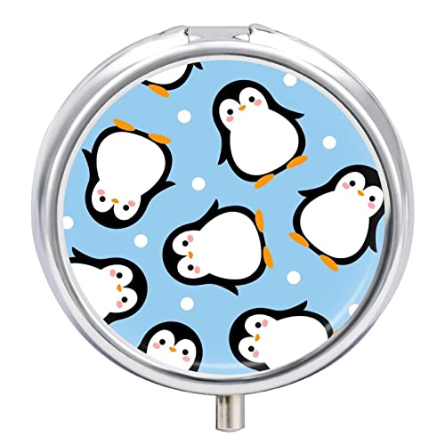 Seamless Cartoon Penguin Birds on Blue Iron Pill Box Case Organizer with Internal Separate Plastic Dividers, Travel Small Medicine Bag Holder Carrier Round Container